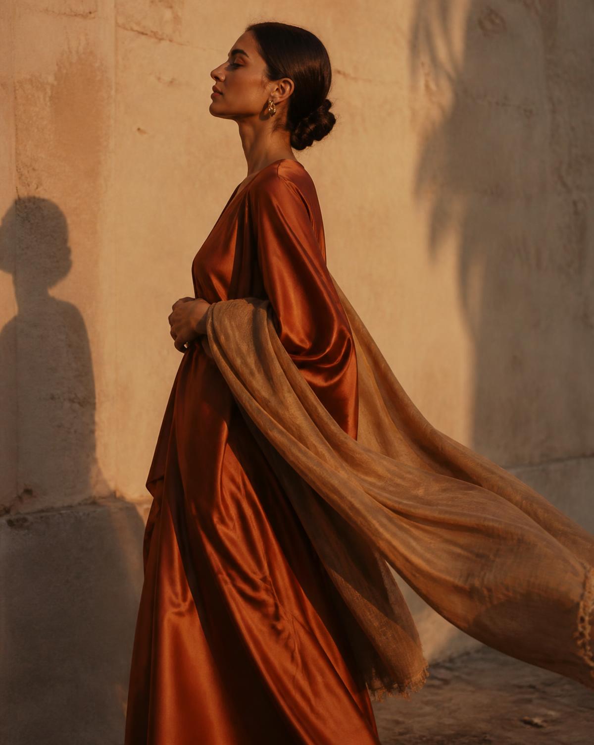 Model in a terracotta silk kaftan in golden hour light